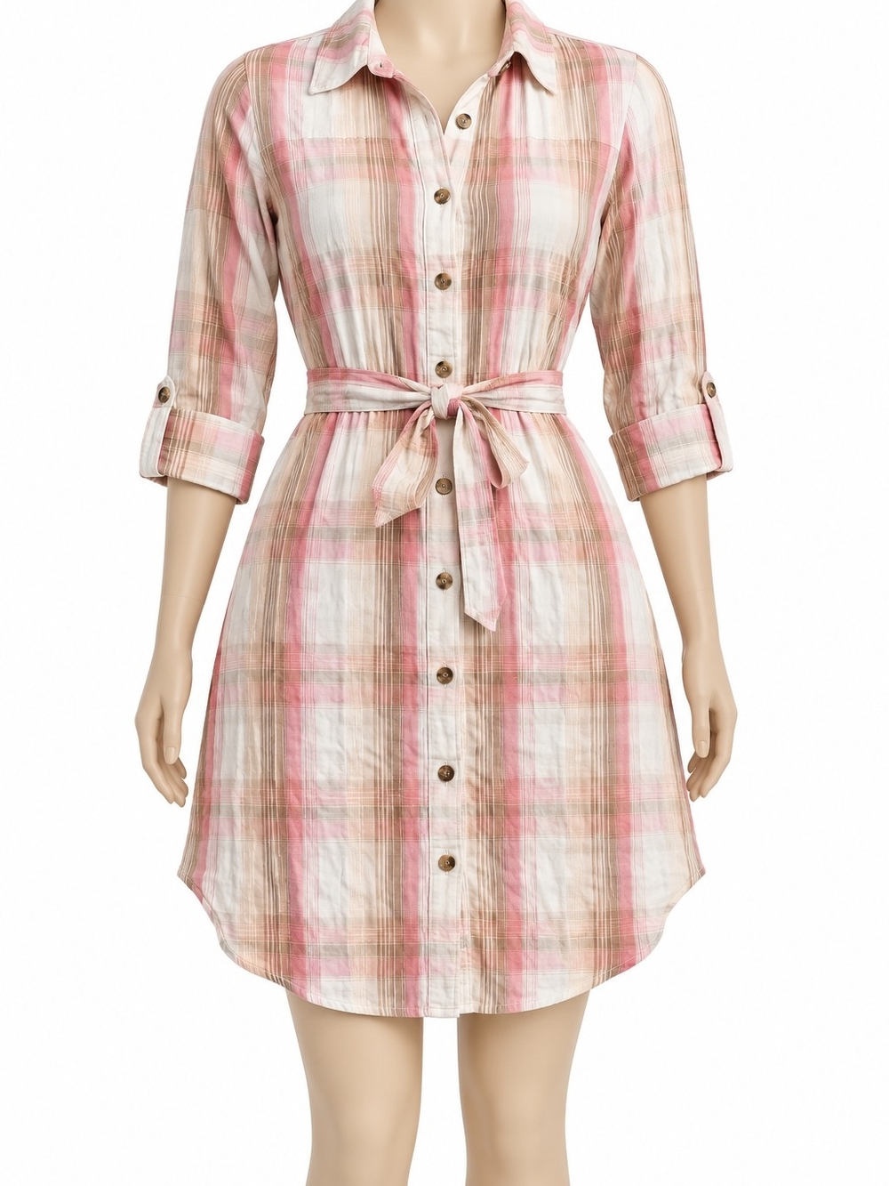 SO Pink & Tan Plaid Button-Front Shirt Dress with Tie Belt